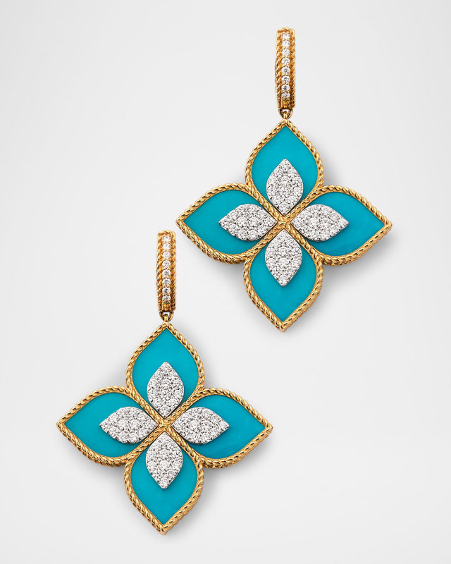 18K Gold Venetian Princess Diamond and Turquoise Earrings
